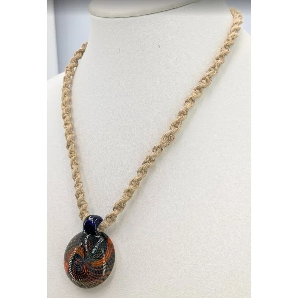 Art Glass Vortex Implosion Pendant Necklace Orange Blue Hemp Cord 21 Inch 34mm - Picture 3 of 12